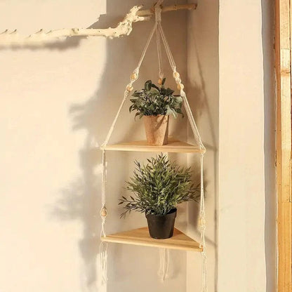 Jardioui Deux plateformes Macramé en blanc Étagères Suspendue pour Plante en Macramé Artisanal