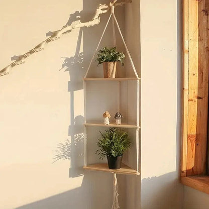 Jardioui Trois plateformes Macramé en blanc Étagères Suspendue pour Plante en Macramé Artisanal